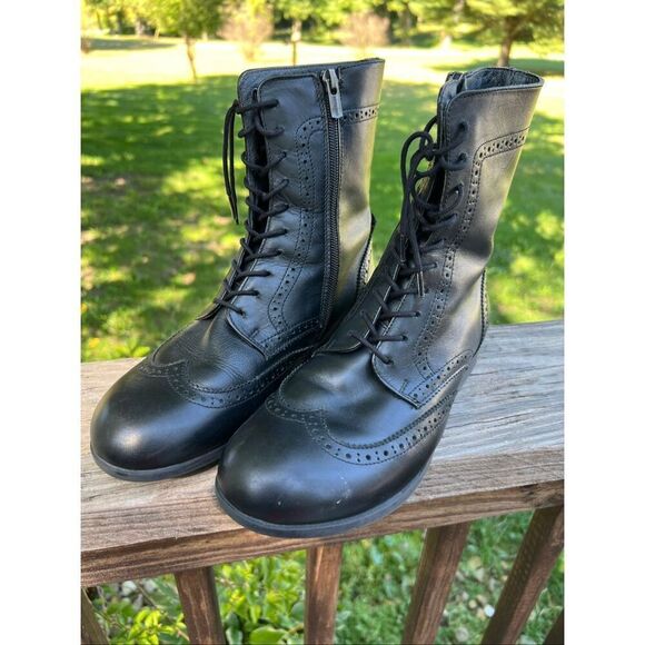 Birkenstock Laramie Black Natural Leather COMBAT Wingtip Boots - Picture 2 of 4